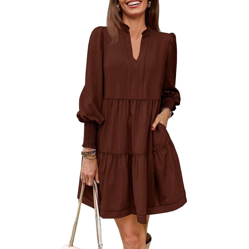 Womens Casual Long Sleeve V-Neck Tiered Ruffle Tunic Dress Size X-Large